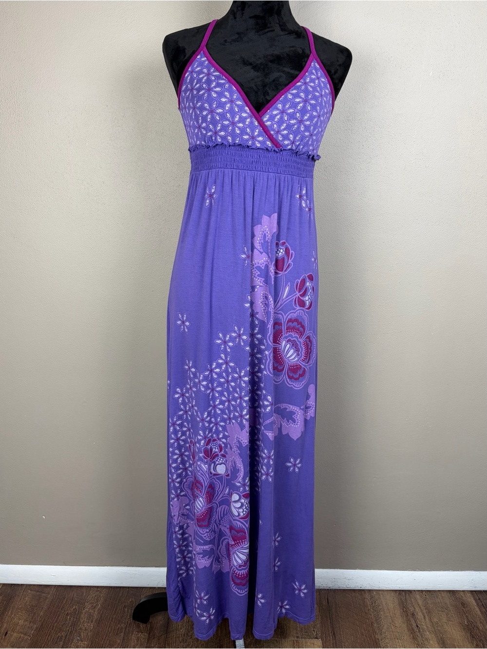 Aeropostale Purple Floral Boho Y2K Maxi Dress Surfer Hippie V-Neck Halter M EUC - Picture 2 of 16